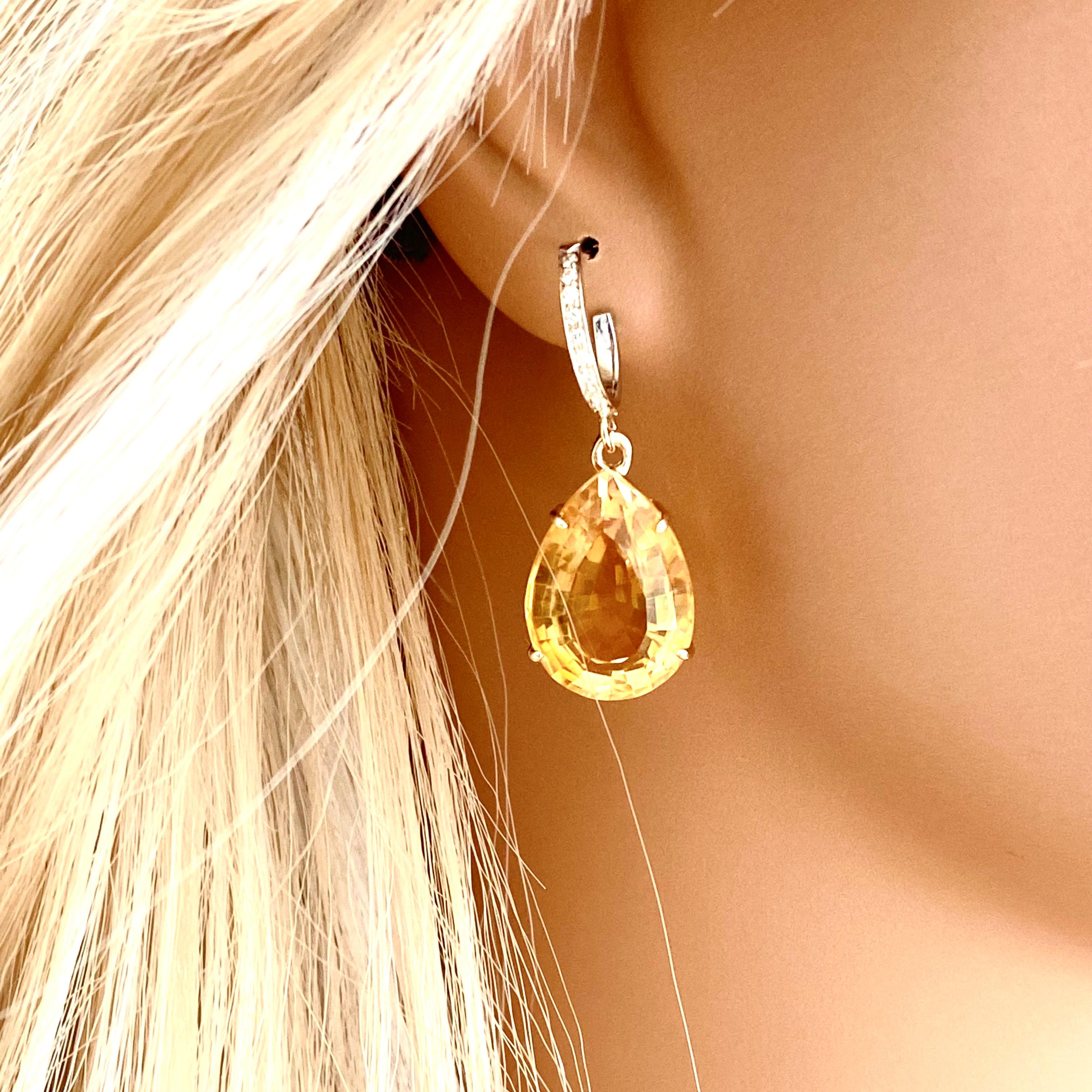 Pear Shaped Yellow Citrine and Diamond Hoop Gold Earrings Weighing 17.65 Carat 1