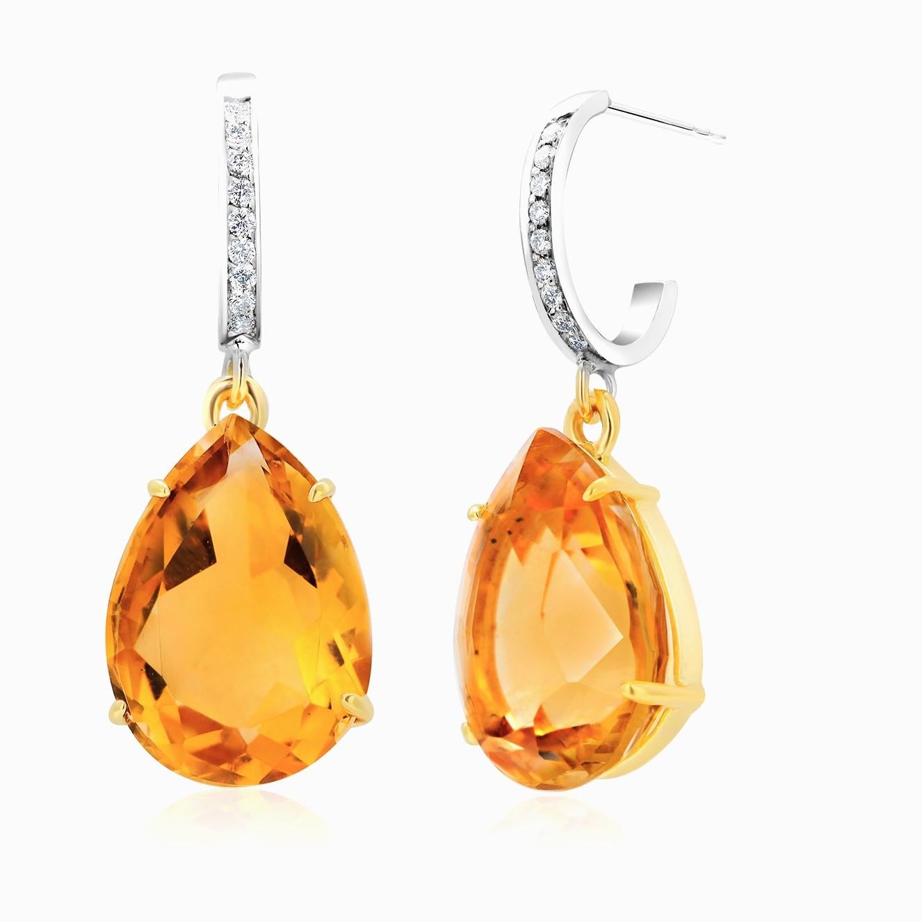 Women's Pear Shaped Yellow Citrine and Diamond Hoop Gold Earrings Weighing 17.65 Carat