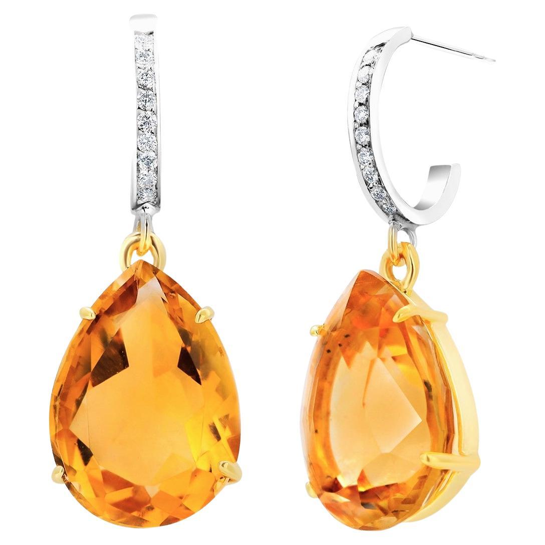 Pear Shaped Yellow Citrine and Diamond Hoop Gold Earrings Weighing 17.65 Carat