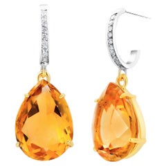 Pear Shaped Yellow Citrine and Diamond Hoop Gold Earrings Weighing 17.65 Carat