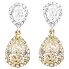 GIA Certified Pear Shaped Yellow White Diamond Drop Earrings 18K Two-Tone Gold