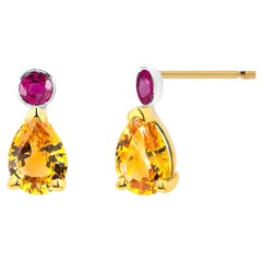Pear Shaped Yellow Sapphire and Round Rubies Gold Stud Earrings