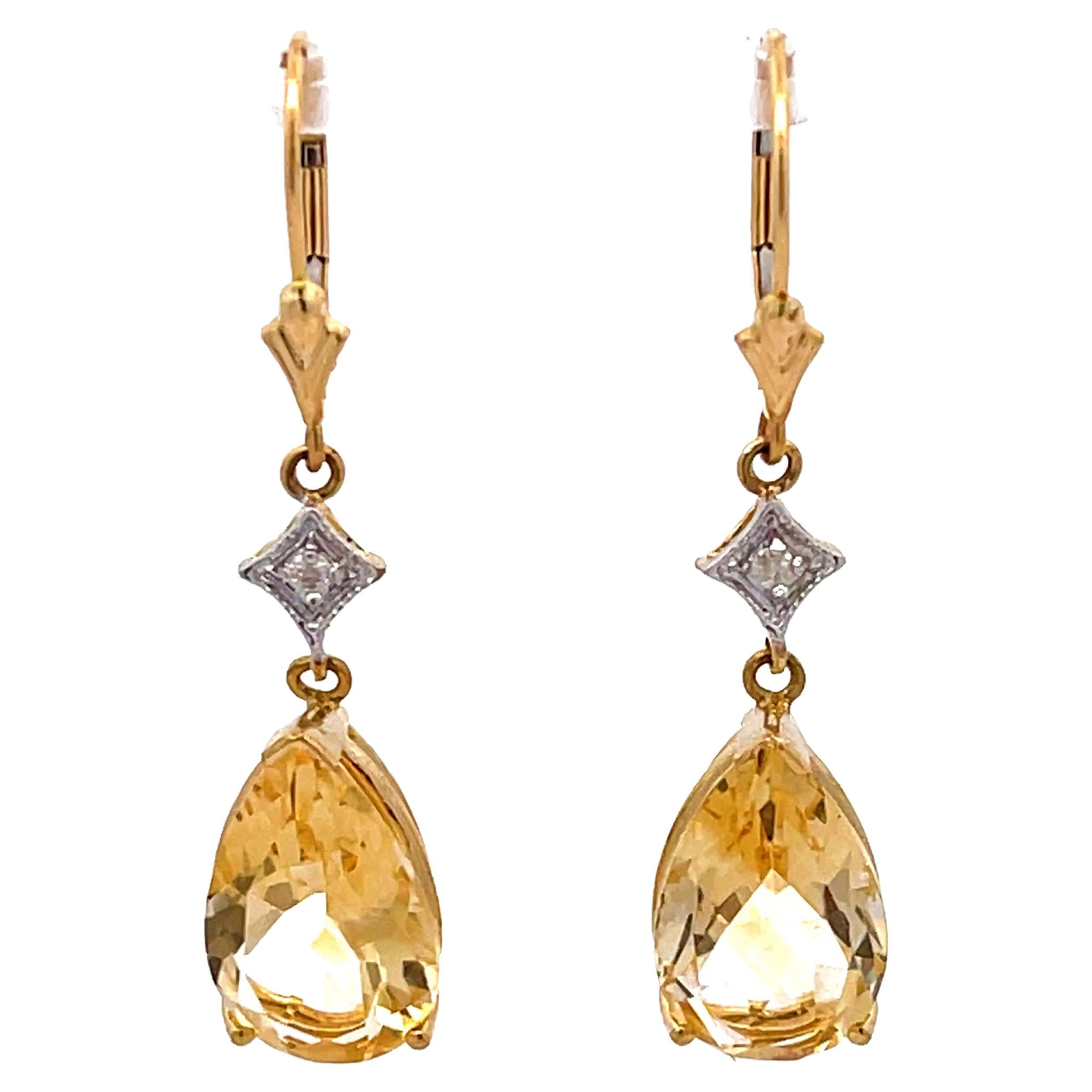 Pear Shaped Yellow Topaz Drop Diamond Dangly Earrings in 14k Yellow Gold