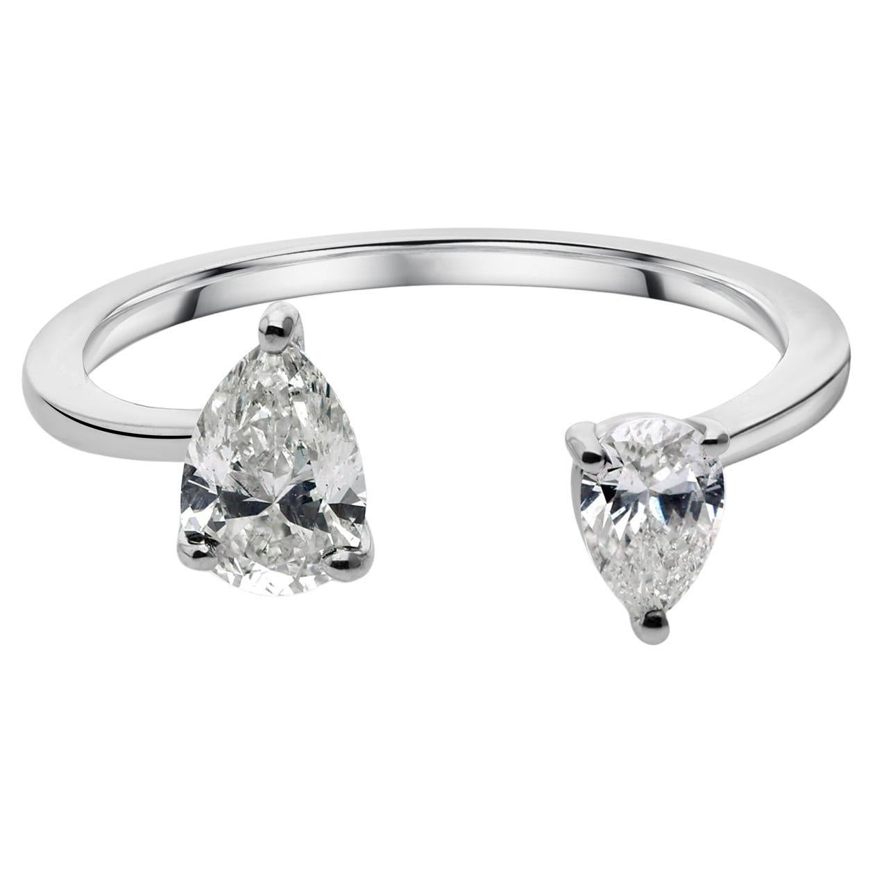 Pear SI/H Diamond Open Cuff Band Ring 18K White Gold Handmade Jewelry