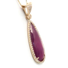 Pear Sliced 11.43CT Pink Sapphire 0.37 CT Diamonds 14K Yellow Gold Necklace
