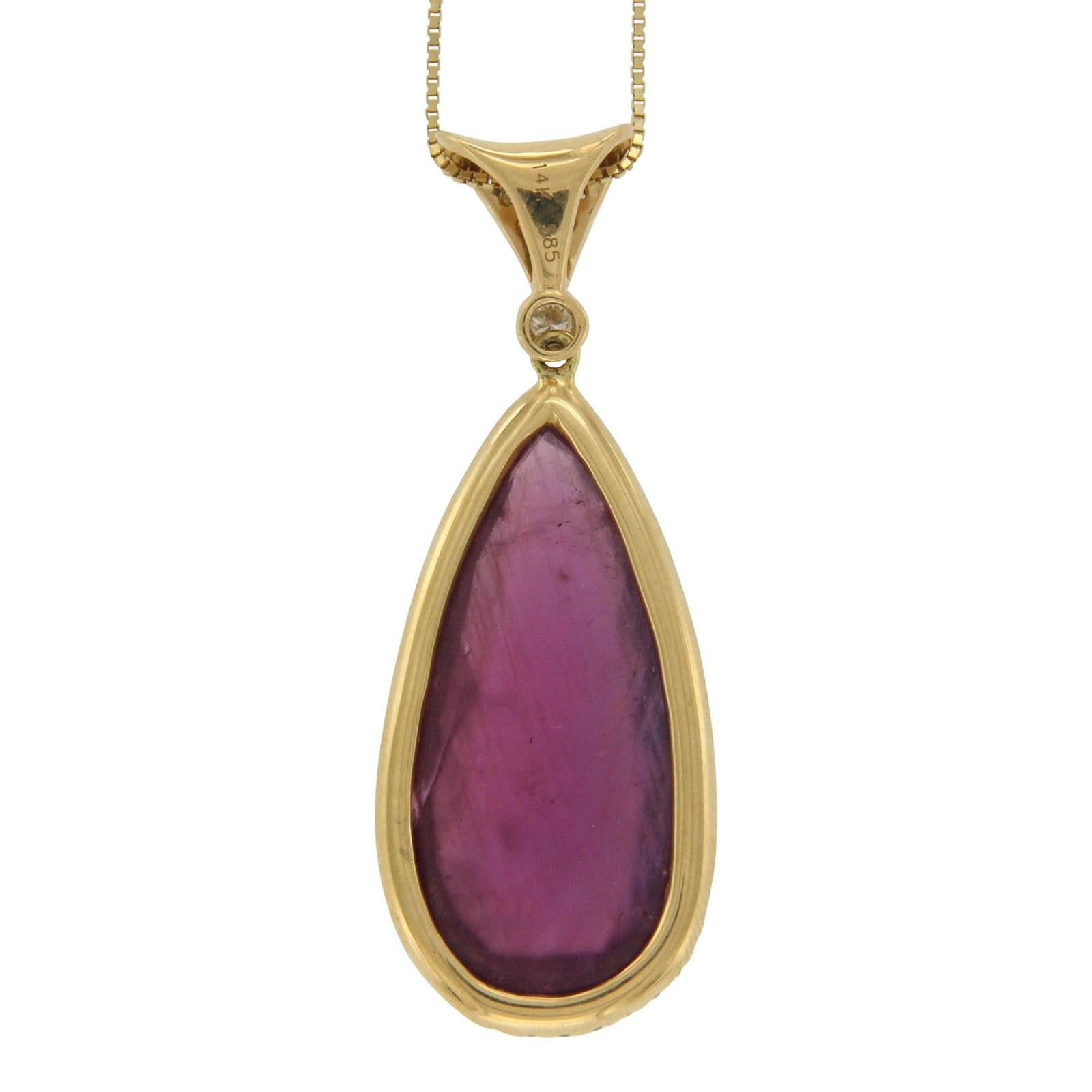 Collana in oro giallo 14 carati con zaffiro rosa 11,43 carati e diamanti 0,37 carati in vendita 1