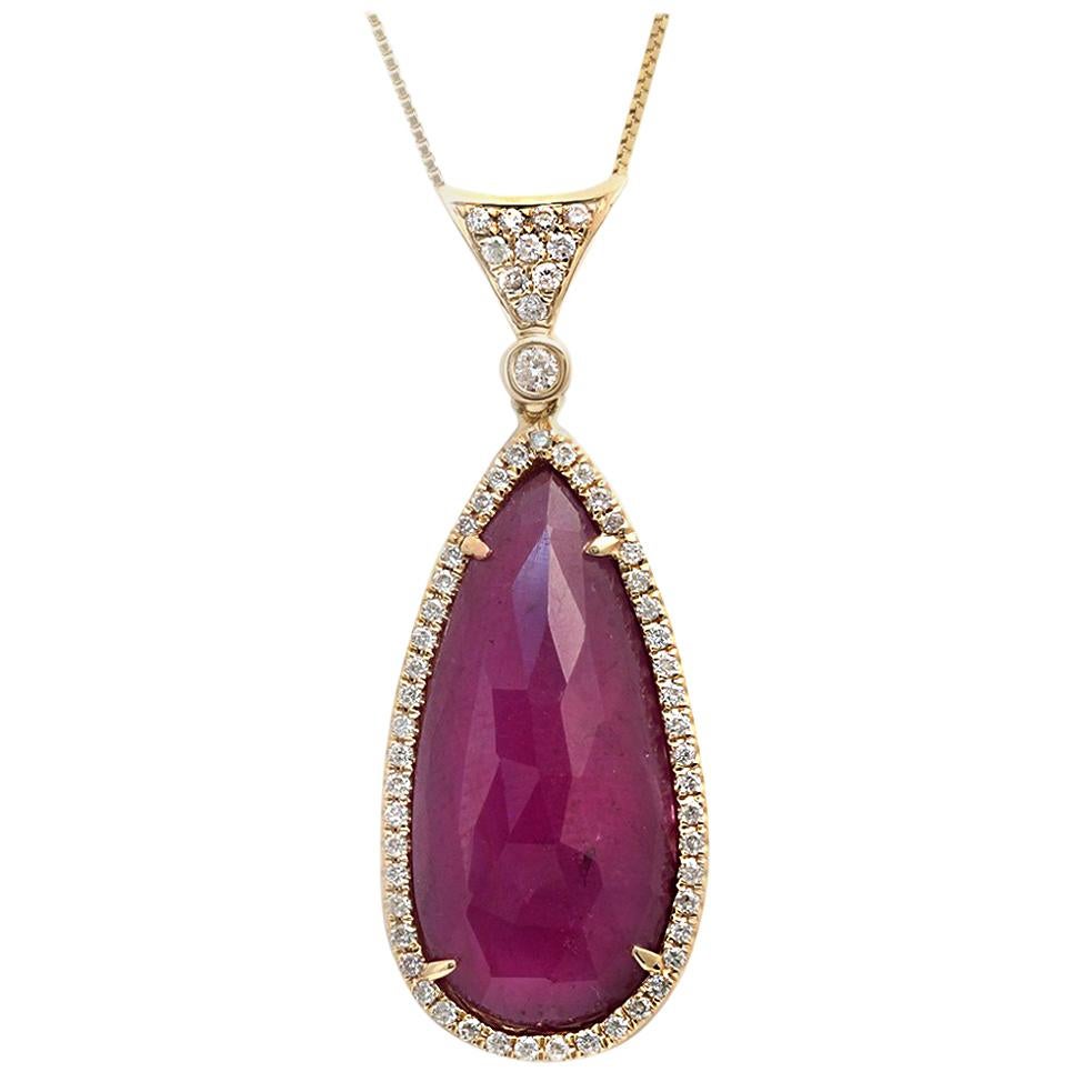 Pear Sliced 11.43CT Pink Sapphire 0.37 CT Diamonds 14K Yellow Gold Necklace  For Sale