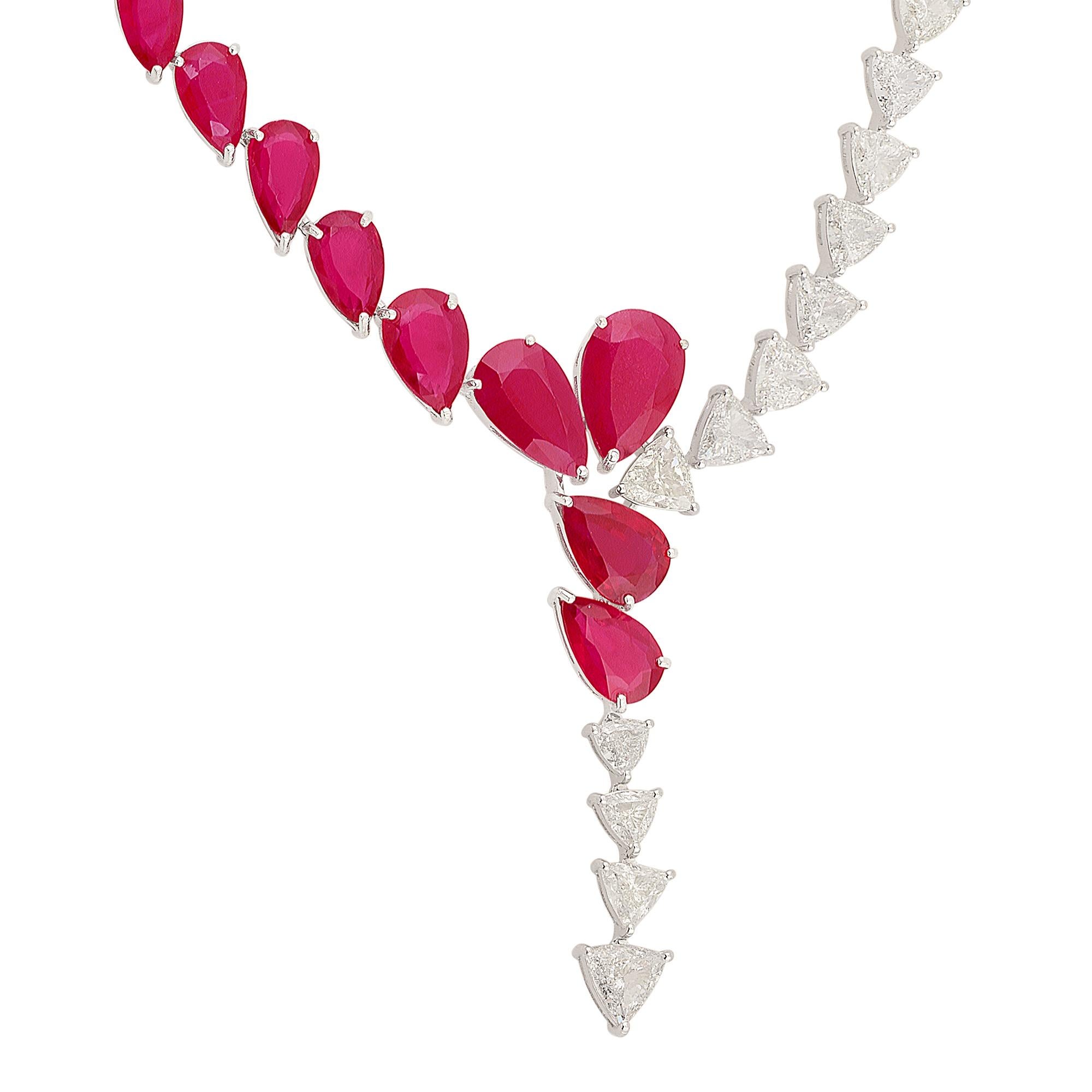 The focal point of this necklace is the pear-shaped ruby processed gemstone. With its captivating red hue, the ruby exudes elegance and sophistication. The processed gemstone undergoes expert treatment to enhance its color and clarity, resulting in