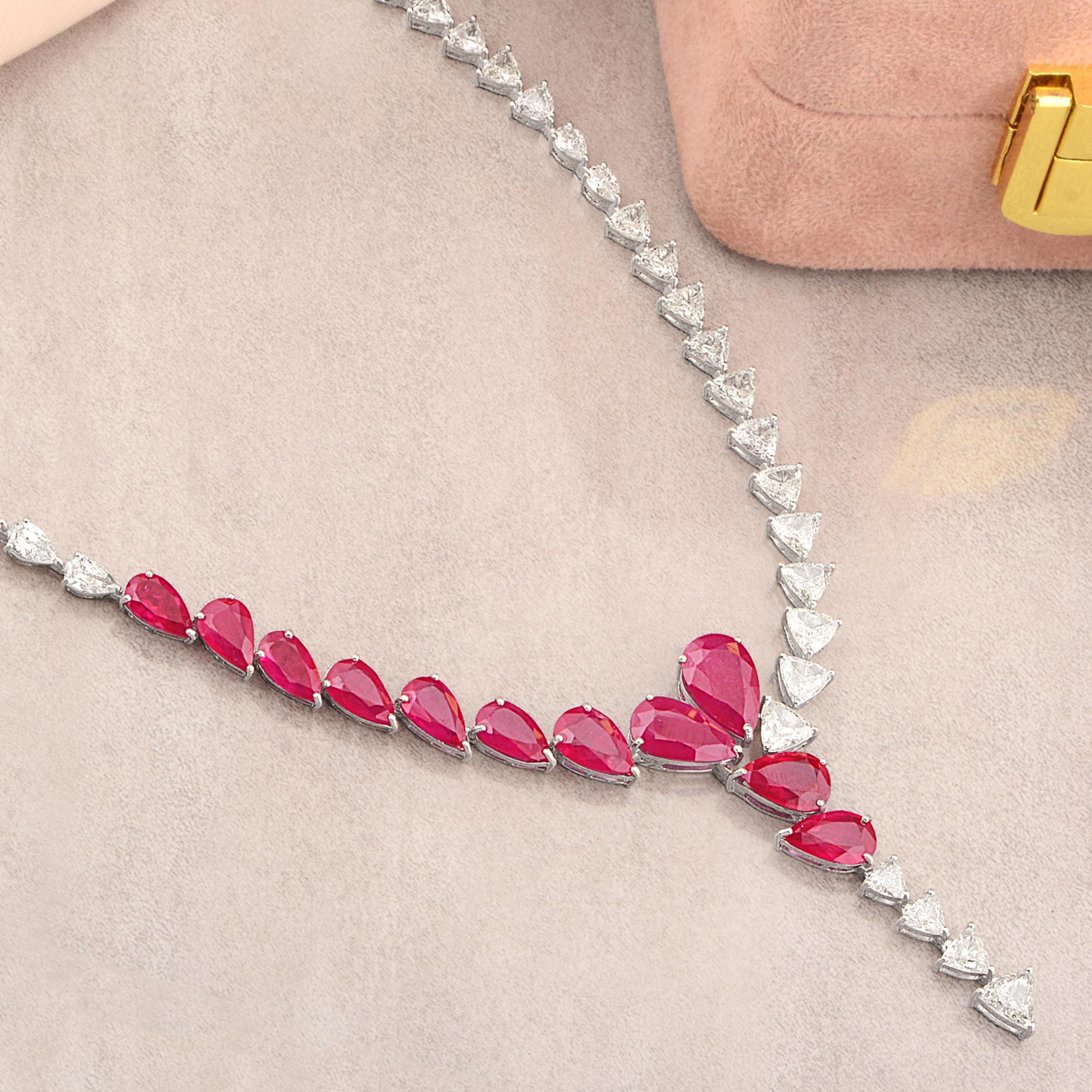 Modern Pear Ruby Processed Gemstone Necklace Trillion Diamond 14 Karat White Gold For Sale
