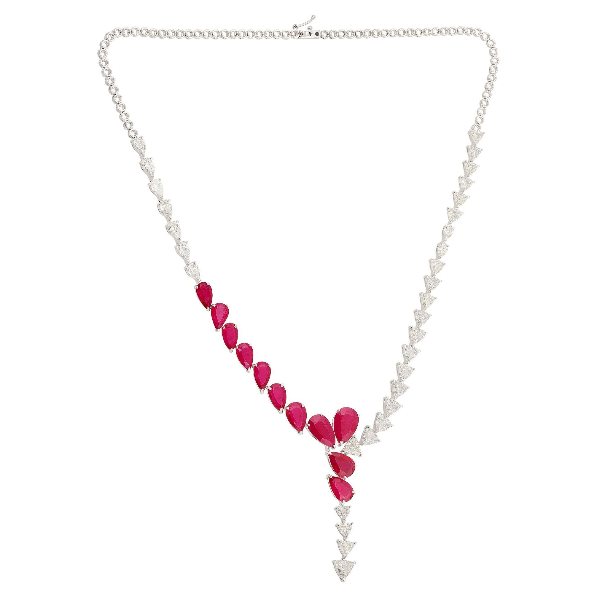 Pear Ruby Processed Gemstone Necklace Trillion Diamond 14 Karat White Gold For Sale