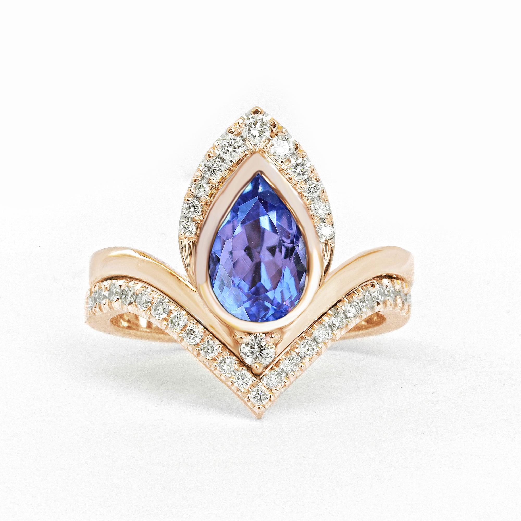 Art Deco Pear Tanzanite & Diamonds Unique Engagement Ring Set - Atyasha For Sale