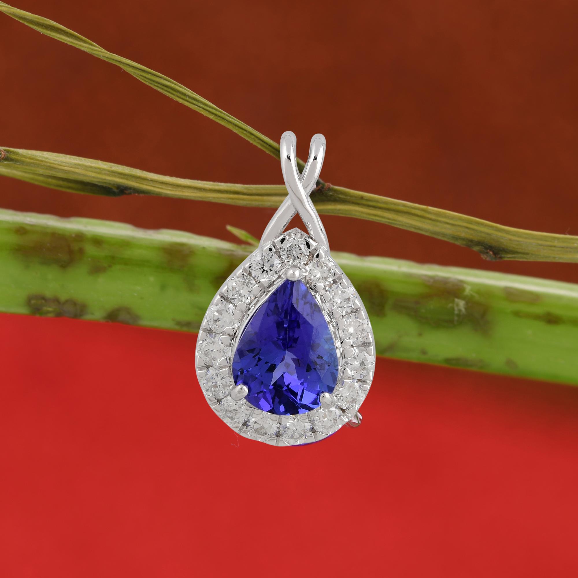 Modern Pear Tanzanite Gemstone Charm Diamond Pave Pendant 18 Karat White Gold Jewelry For Sale