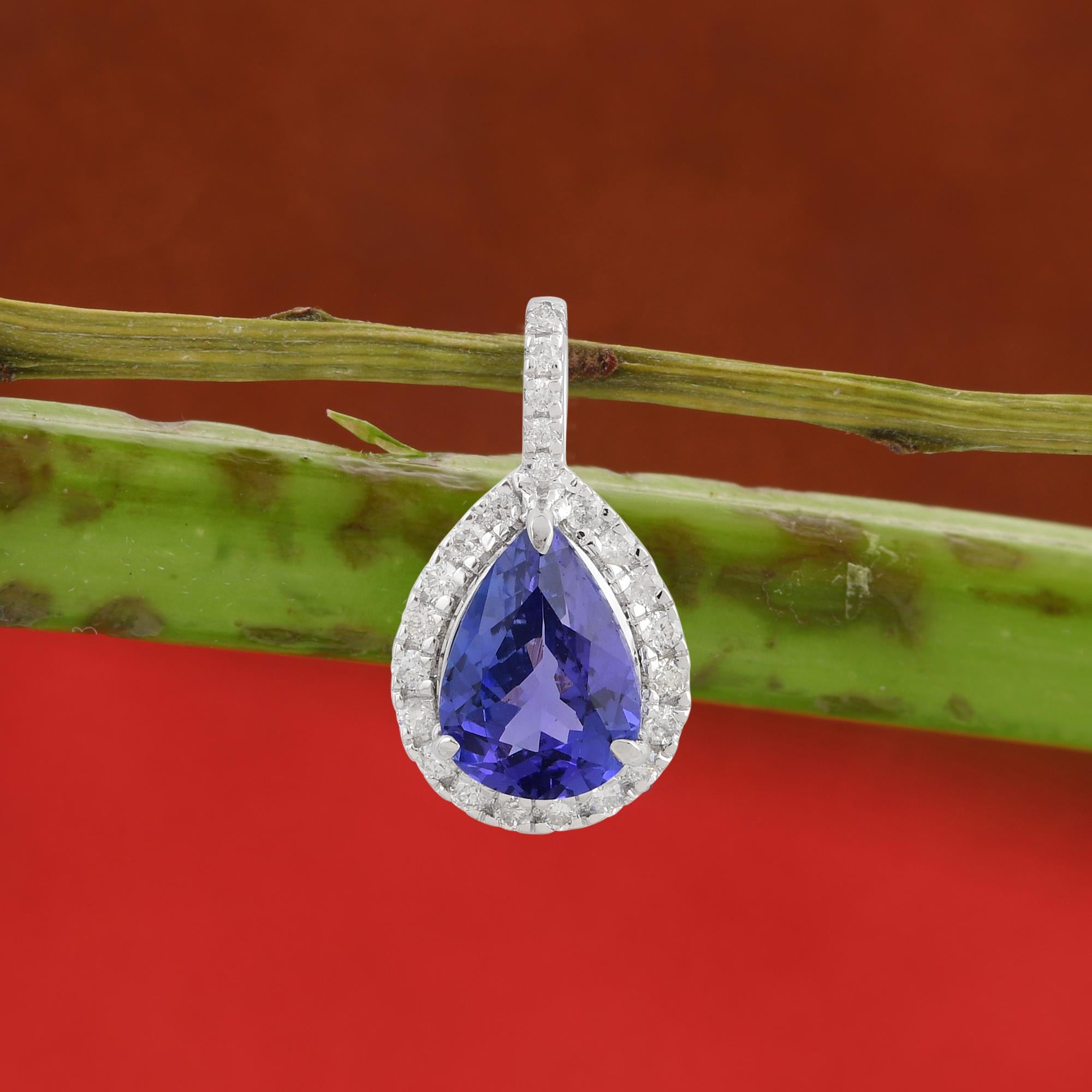Pear Cut Pear Tanzanite Leaf Design Charm Pendant Diamond Pave 18 Kt White Gold Jewelry For Sale