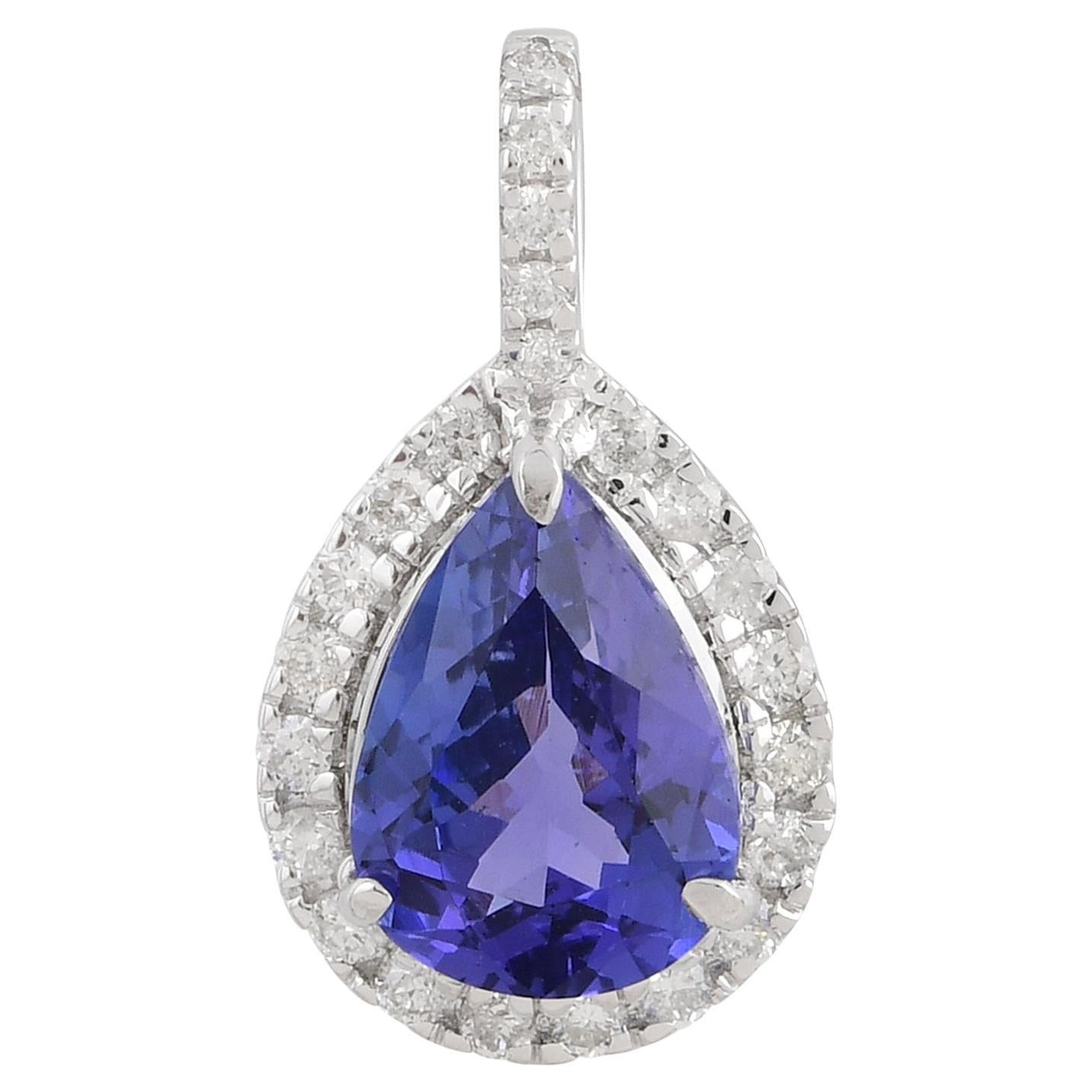 Pear Tanzanite Leaf Design Charm Pendant Diamond Pave 18 Kt White Gold Jewelry For Sale