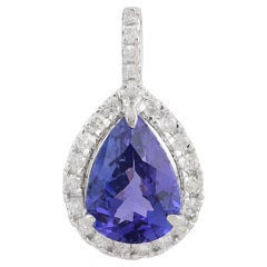 Pear Tanzanite Leaf Design Charm Pendant Diamond Pave 18 Kt White Gold Jewelry