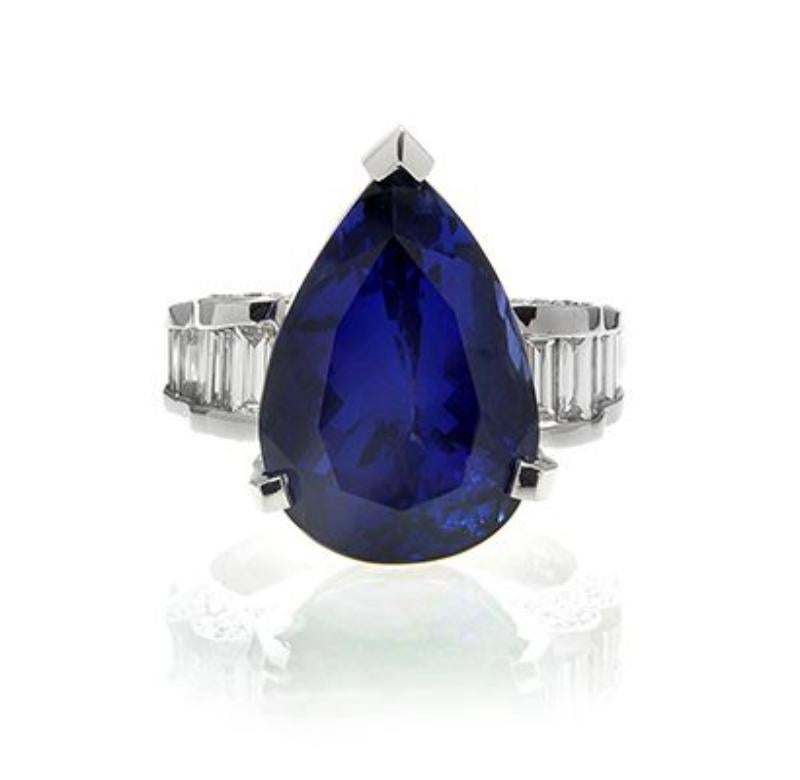 18k White Gold 12.08ct Pear Tanzanite Ring with 1.76ct Diamonds

The finest quality Tanzanite, mined from the foothills of Mount
Kilimanjaro, exhibits a rich purplish blue. Takat uses only the best
examples of this hue to take center stage in each