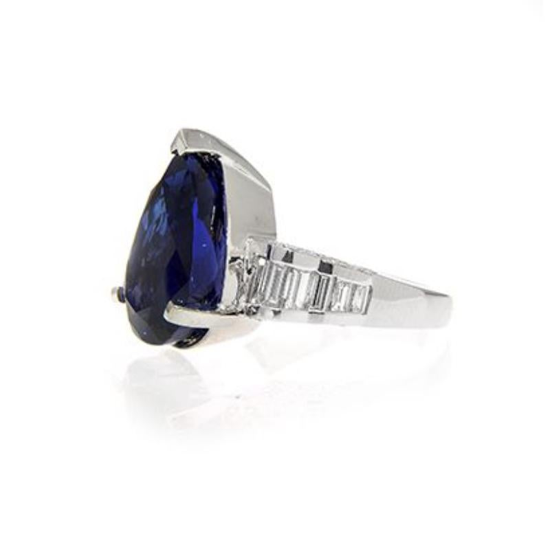 Pear Cut 18k White Gold 12.08ct Pear Tanzanite Ring with 1.76ct Diamonds For Sale