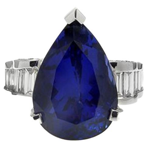 18k White Gold 12.08ct Pear Tanzanite Ring with 1.76ct Diamonds For Sale