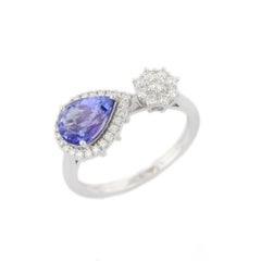 Pear Tanzanite Star Diamond Statement Ring in 18 Karat Solid White Gold