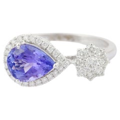 Bague fantaisie étoile en or blanc massif 18 carats avec tanzanite en forme de poire et diamant