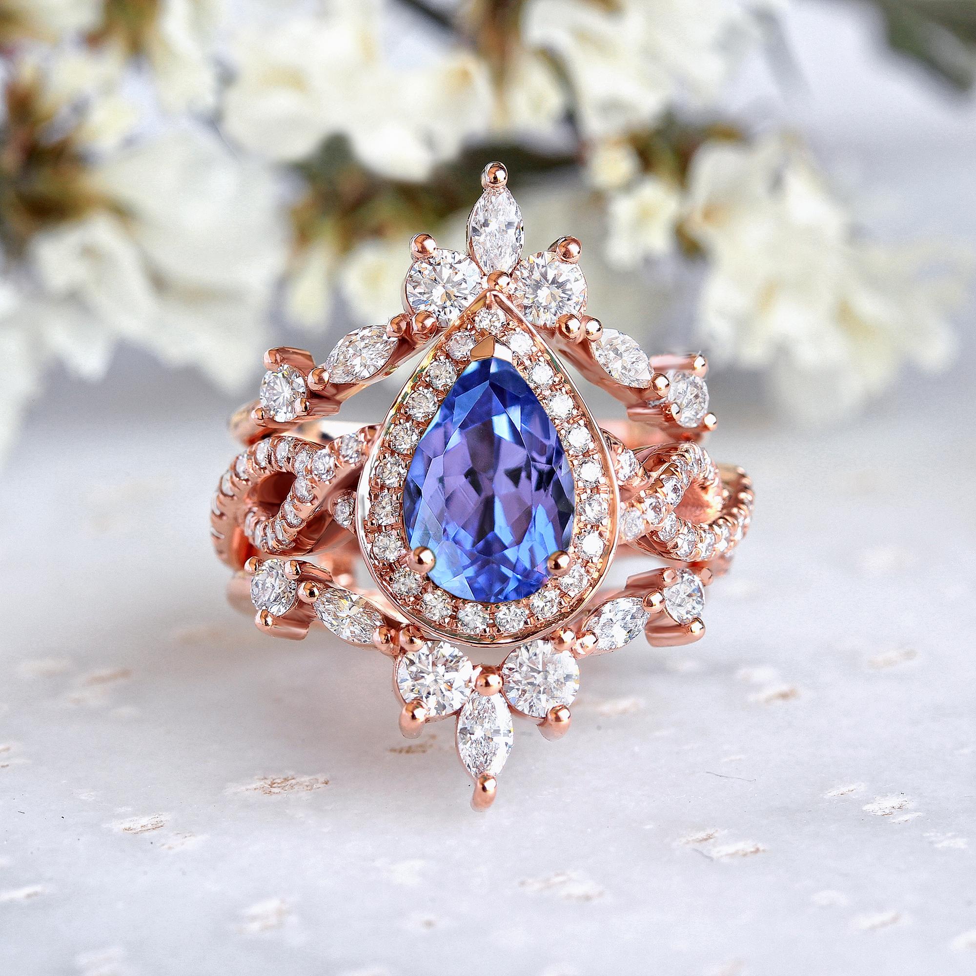Art Deco Pear tanzanite with halo twist infinity shank wedding ring set, Iceland For Sale