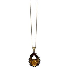 Birne Tropfenform Orange Citrin mit braunen Diamanten Halo 14K Gold Halskette