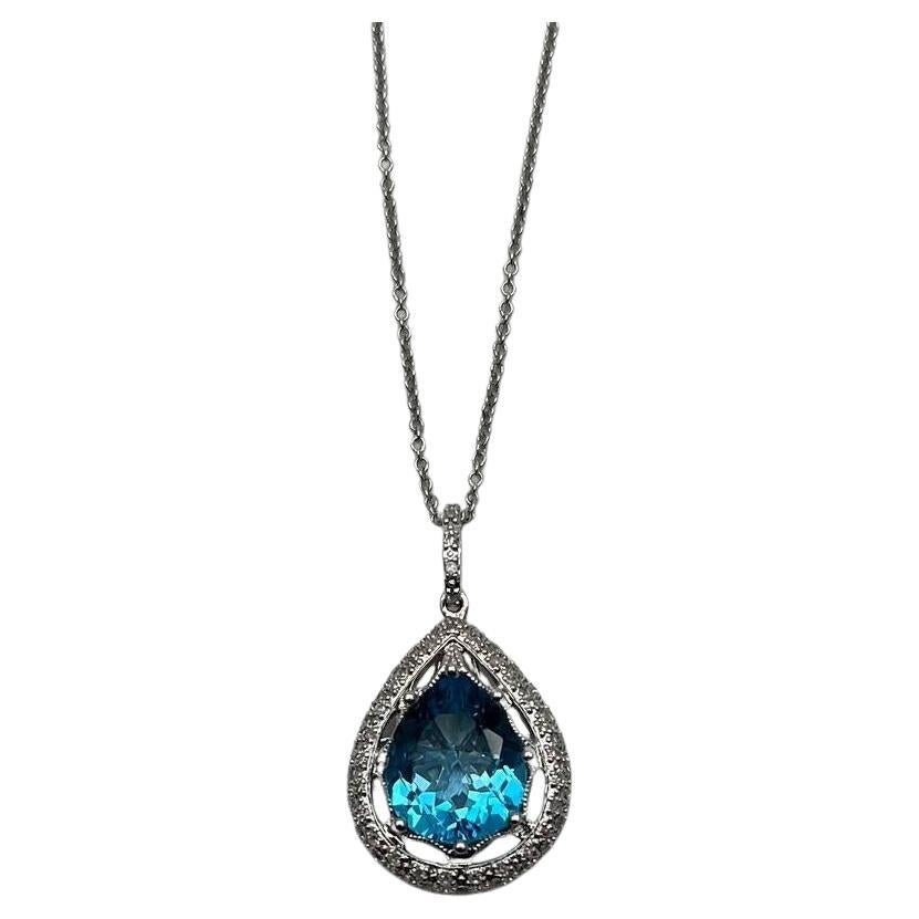 Pear Tear Drop Shape Swiss Blue Topaz Diamond Halo White Gold Pendant Necklace