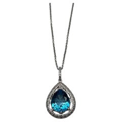 Pear Tear Drop Shape Swiss Blue Topaz Diamond Halo White Gold Pendant Necklace