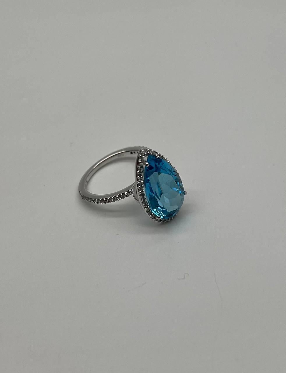 Pear Cut Pear Tear Swiss Blue Topaz Diamond Halo 14K White Gold Statement Cocktail Ring For Sale