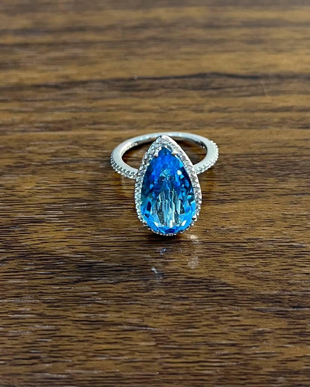 Pear Tear Swiss Blue Topaz Diamond Halo 14K White Gold Statement Cocktail Ring In New Condition For Sale In Oakton, VA