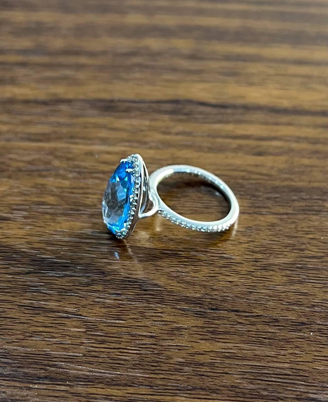 Women's Pear Tear Swiss Blue Topaz Diamond Halo 14K White Gold Statement Cocktail Ring For Sale