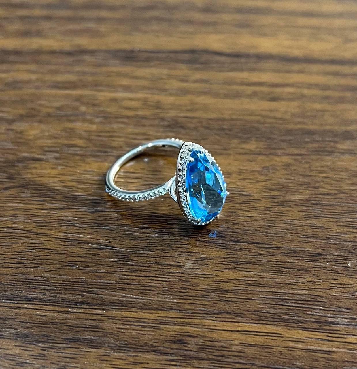 Pear Tear Swiss Blue Topaz Diamond Halo 14K White Gold Statement Cocktail Ring For Sale 2