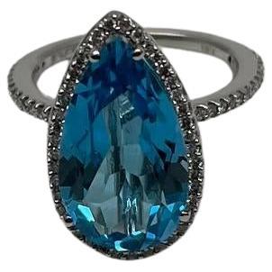 Pear Tear Swiss Blue Topaz Diamond Halo 14K White Gold Statement Cocktail Ring For Sale