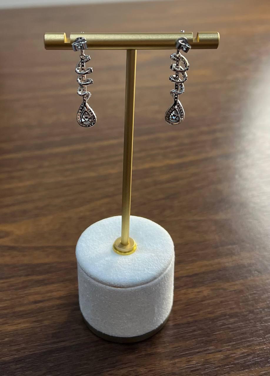 Pear Cut Pear Teardrop Blue Sapphire White Diamonds Spiral 14K White Gold Drop Earrings For Sale