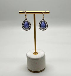 Pear Teardrop Blue Tanzanite Cabochon Diamond Halo 14K Gold Drop Earrings