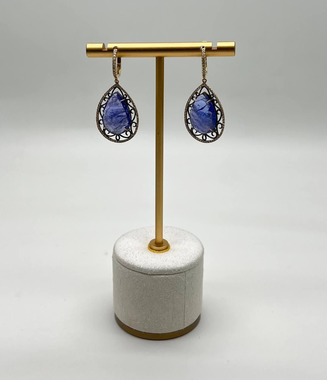 Pear Teardrop Blue Tanzanite Cabochon Diamond Halo 14K Gold Drop Earrings In New Condition For Sale In Oakton, VA