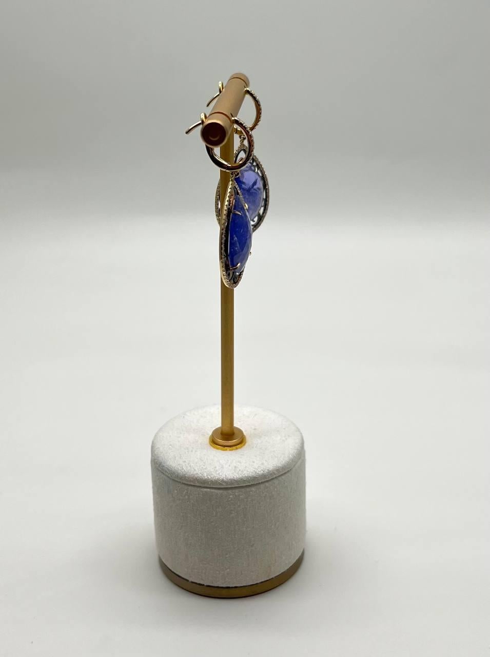 Women's Pear Teardrop Blue Tanzanite Cabochon Diamond Halo 14K Gold Drop Earrings For Sale