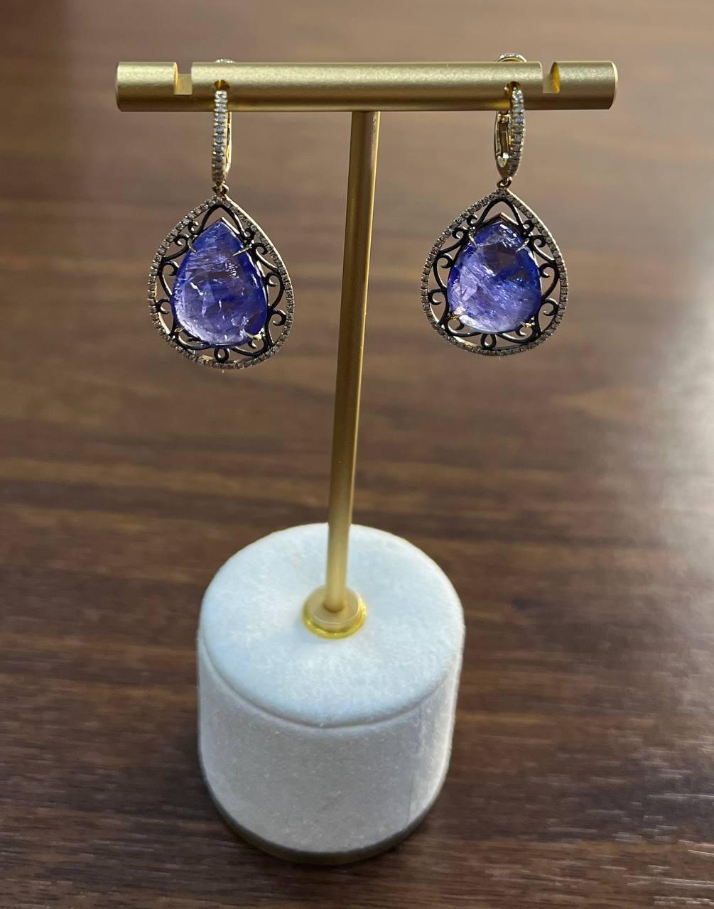 Pear Teardrop Blue Tanzanite Cabochon Diamond Halo 14K Gold Drop Earrings For Sale 1