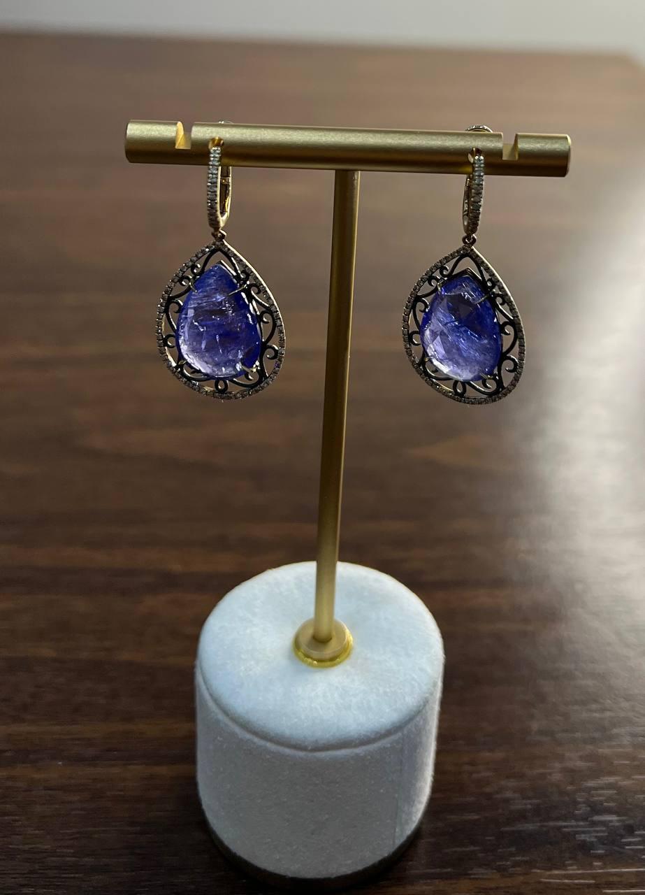 Pear Teardrop Blue Tanzanite Cabochon Diamond Halo 14K Gold Drop Earrings For Sale 2