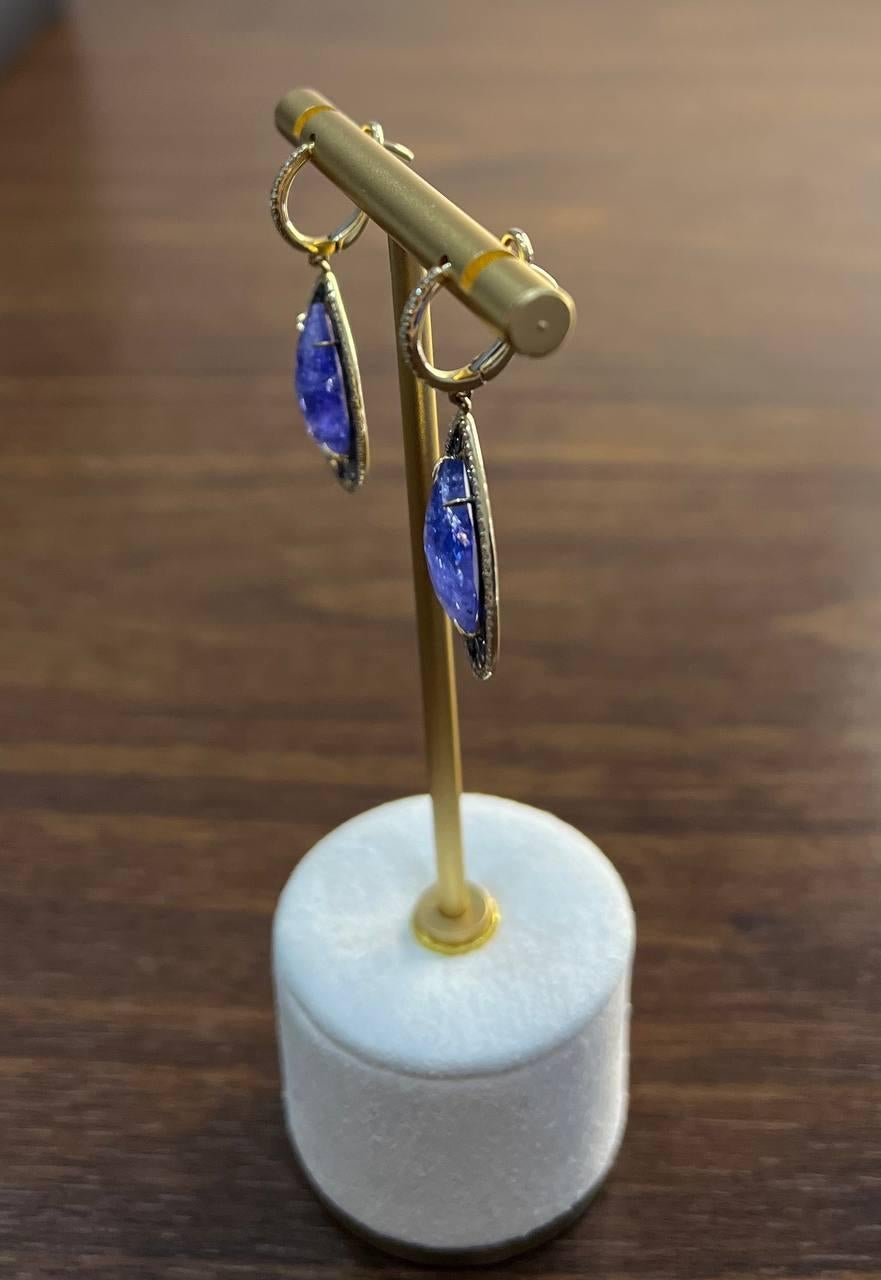 Pear Teardrop Blue Tanzanite Cabochon Diamond Halo 14K Gold Drop Earrings For Sale 3