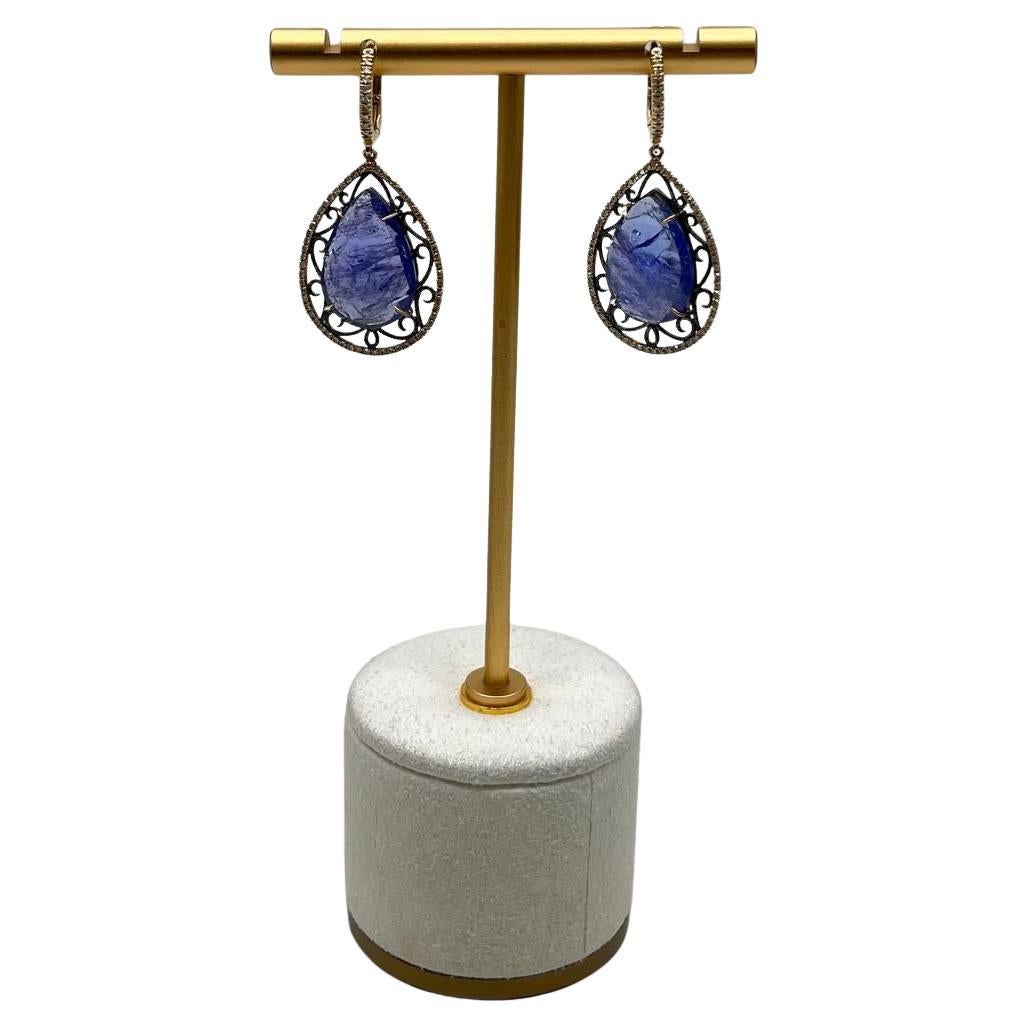 Pear Teardrop Blue Tanzanite Cabochon Diamond Halo 14K Gold Drop Earrings