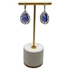 Pear Teardrop Blue Tanzanite Cabochon Diamond Halo 14K Gold Drop Earrings