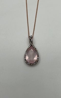 Pear Teardrop Cut Pink Rose Quartz Diamonds Halo 14K Rose Gold Pendant Necklace