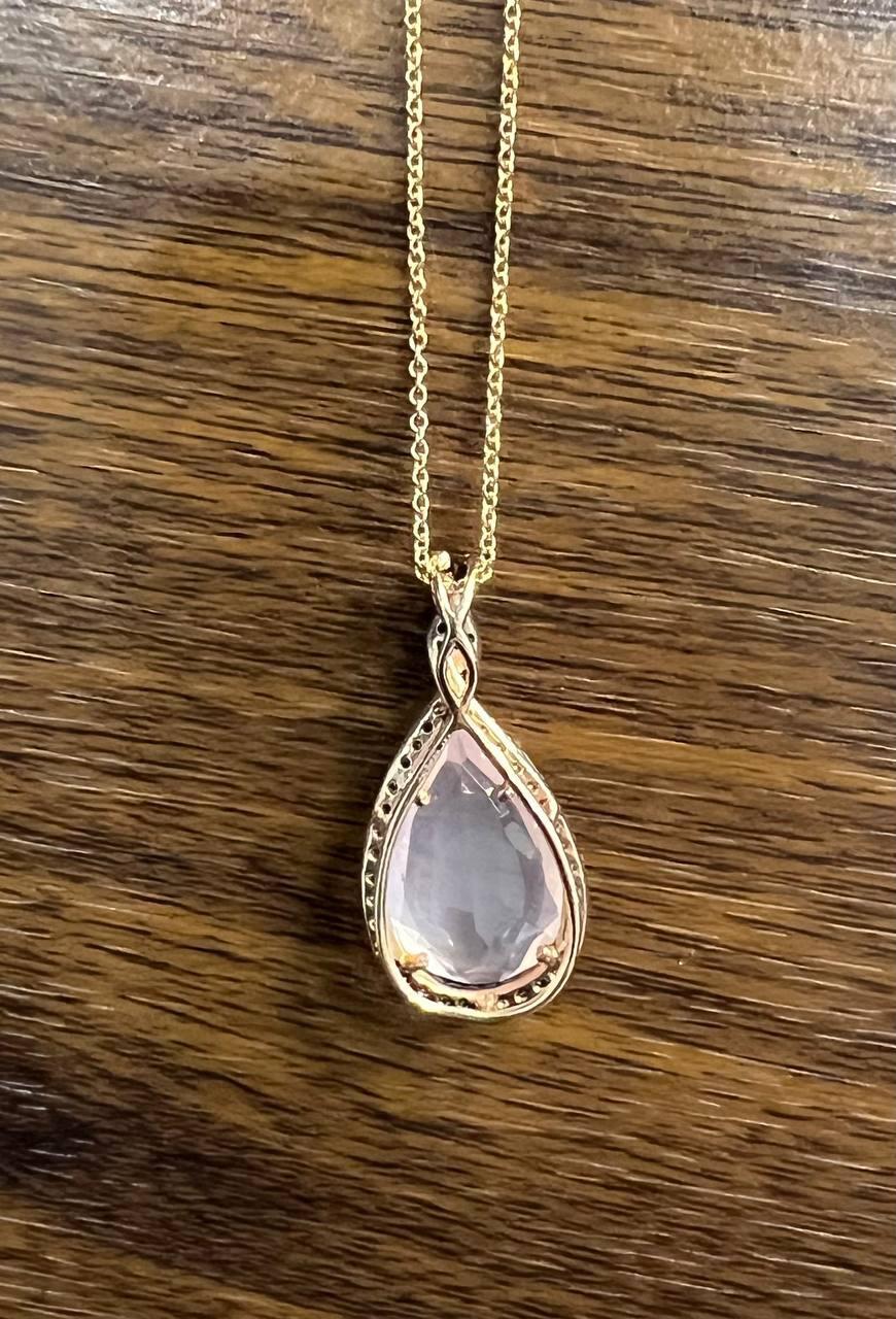 Collana con ciondolo in oro rosa 14K con diamanti, taglio a goccia, pera e quarzo rosa. in vendita 1