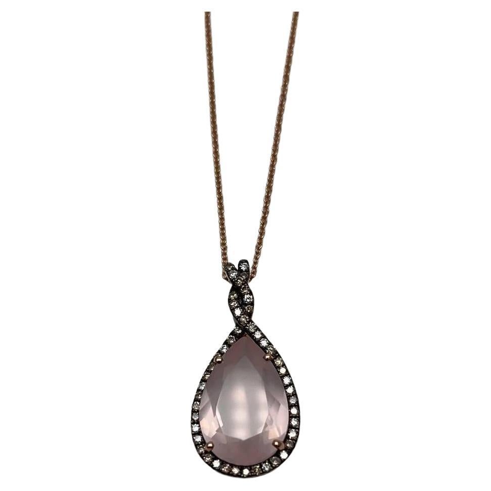 Pear Teardrop Cut Pink Rose Quartz Diamonds Halo 14K Rose Gold Pendant Necklace