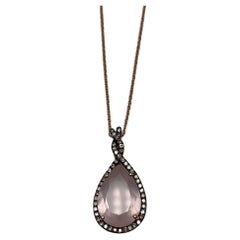 Pear Teardrop Cut Pink Rose Quartz Diamonds Halo 14K Rose Gold Pendant Necklace