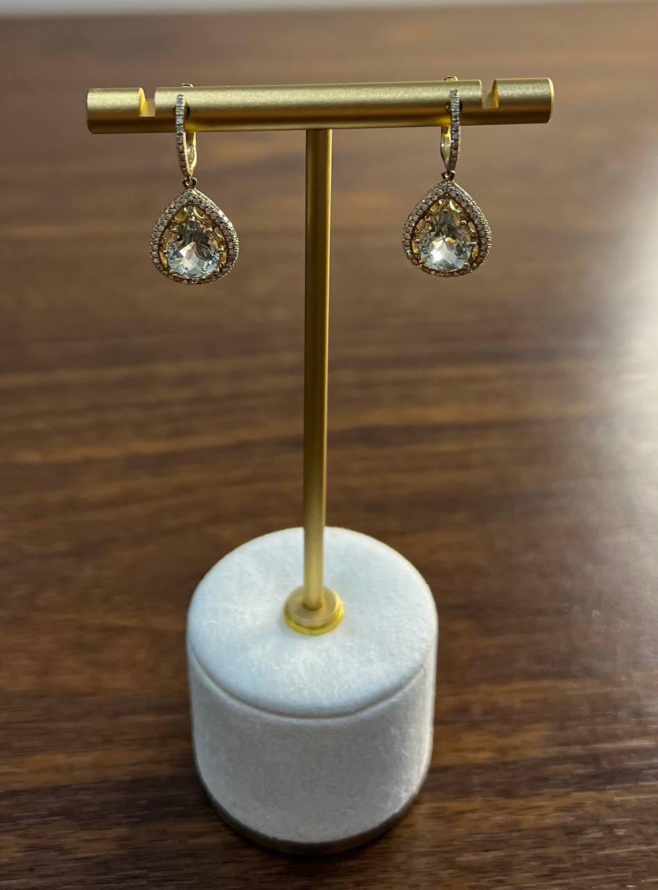 Orecchini a goccia con pera, ametista verde e prasiolite in oro giallo 14K e diamanti in vendita 2