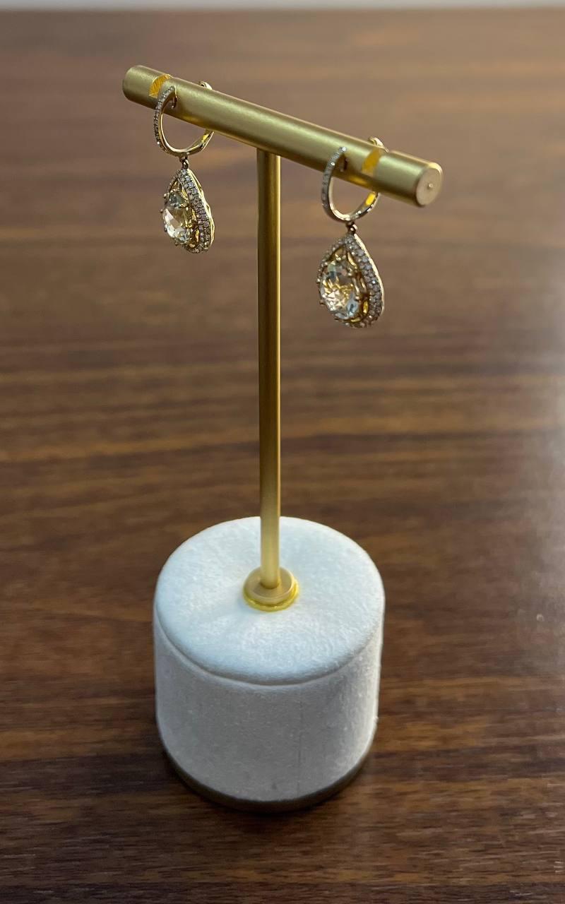 Orecchini a goccia con pera, ametista verde e prasiolite in oro giallo 14K e diamanti in vendita 4