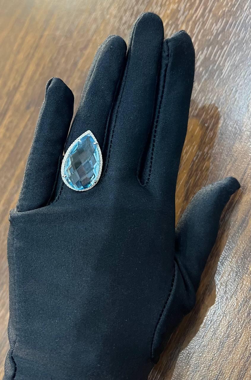 Pear Teardrop Light Blue Topaz White Diamonds Halo 14K White Gold Statement Ring For Sale 5
