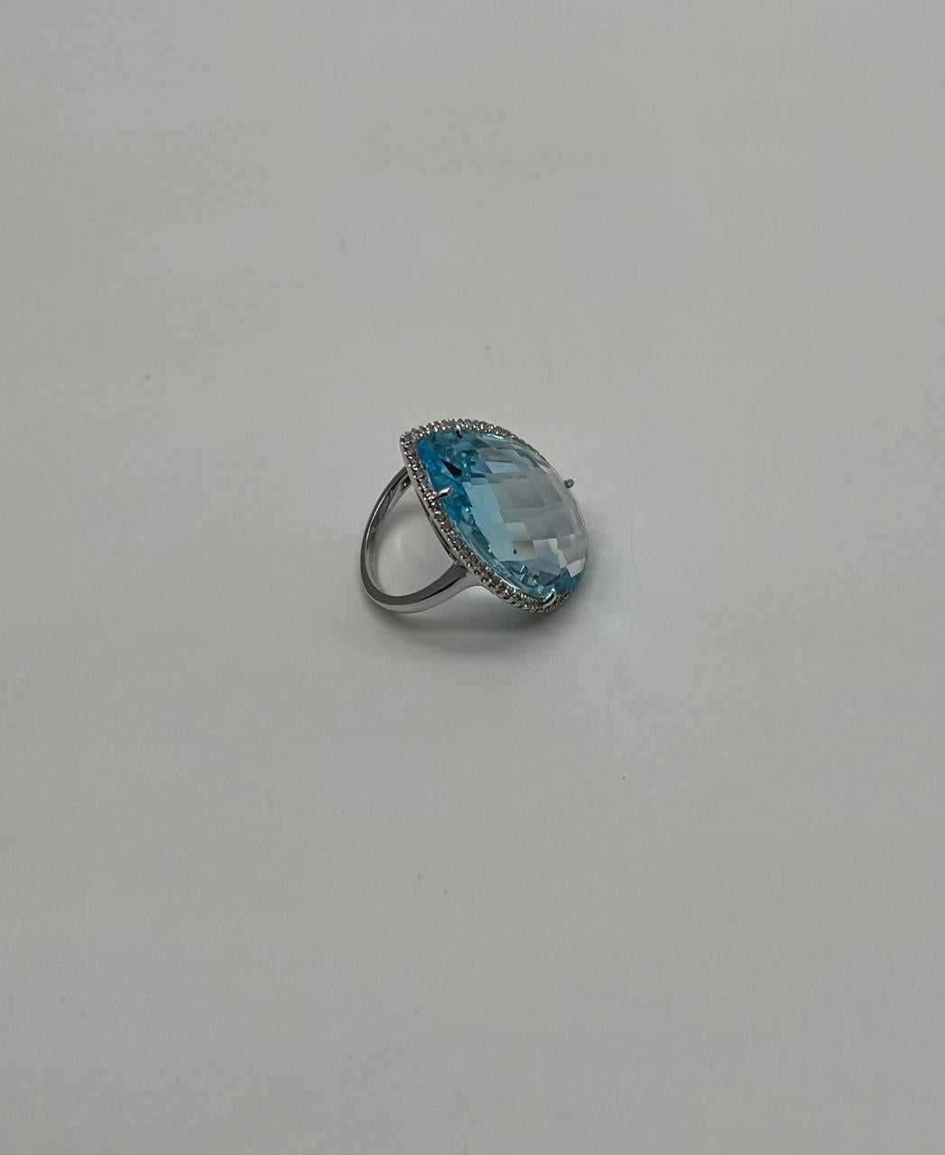 Pear Cut Pear Teardrop Light Blue Topaz White Diamonds Halo 14K White Gold Statement Ring For Sale